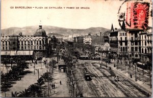 Spain Barcelona Plaça De Catalunya Y Paseo De Gracia Vintage Postcard C019