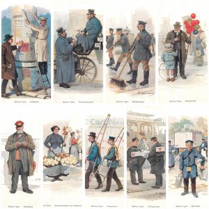 Berlin street professions job types artist F. Bersch lot of 9 vintage postcards