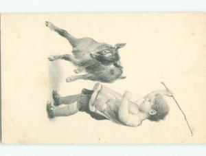 Unused Pre-1907 BOY RAISE A STICK TO HIT SMALL DONKEY k8344