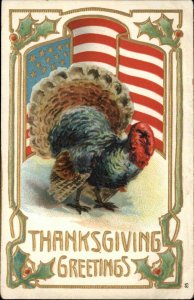 Thanksgiving Turkey Patriotic US Flag Embossed c1900s-10s Postcard