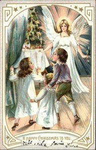 Tuck Christmas Children See Beautiful Angel by Christmas Tree c1910 Postcard