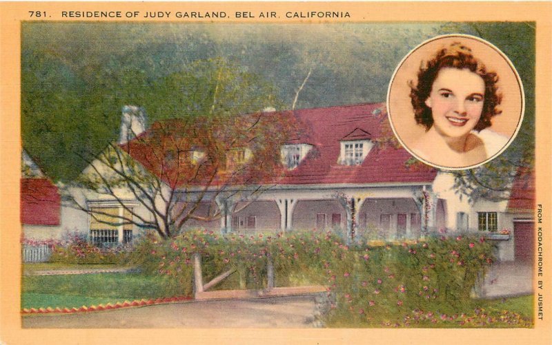 BEL AIR CA Judy Garland Residence Famous Singer's Home Vintage Postcard ca 1930s