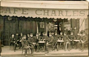 Cafe Charles France Soldiers Dinning in 1913  Real Photo Postcard