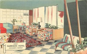 Linen Postcard Mid-Century Modern Lobby Harrison Hotel Chicago IL Artist Impres.