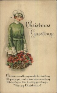 Christmas - Pretty Young Woman Basket of Poinsettia Flowers c1915 Postcard