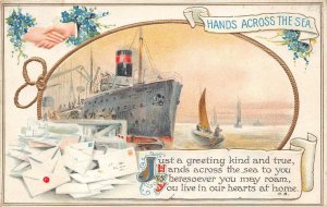 HANDS ACROSS THE SEA SHIP LETTER MAIL GLOBE POEM EMBOSSED POSTCARD (c. 1910)