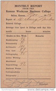 Monthly Report From Kansas Wesleyan Business College Salina Kansas 1915