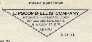 1941 WWII Era Lipscomb-Ellis Company Atlanta Rentals Real Estate Statement 13-91