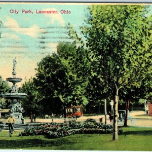 1909 Lancaster, OH City Park Litho Photo Postcard Trolley Horse Buggy Mowing A35