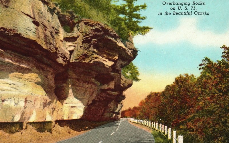 Vintage Postcard Overhanging Rocks On Us 71 In The Beautiful Ozarks Arkansas AR