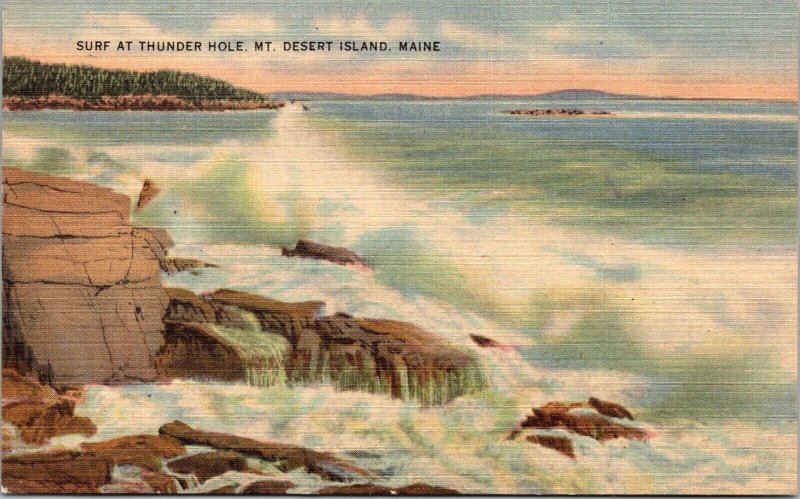 Thunder Hole Surf Mount Desert Island Maine Scenic Linen Cancel WOB Postcard 