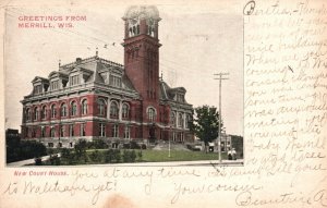 Vintage Postcard 1907 New Court House Greetings from Merrill WI Wisconsin