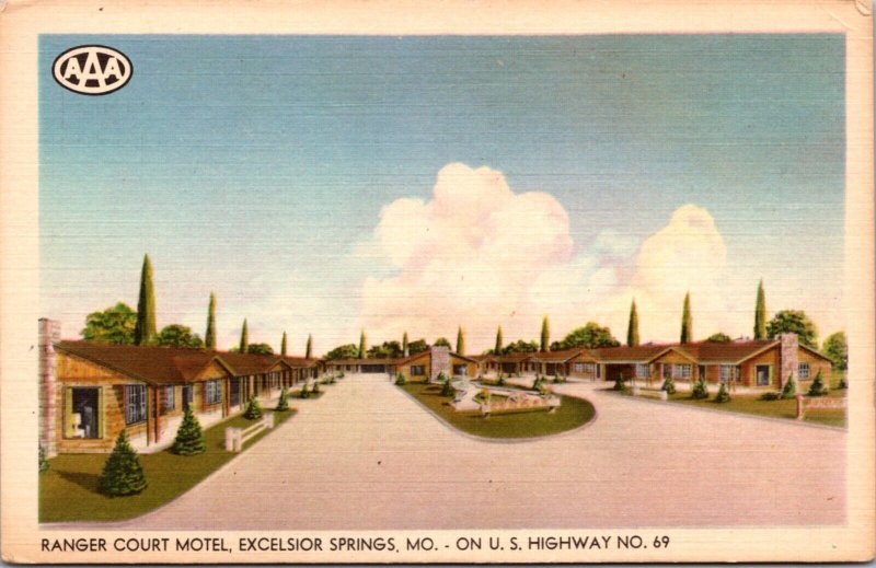 Linen Postcard Ranger Court Motel on US Highway 69 in Excelsior Springs Missouri