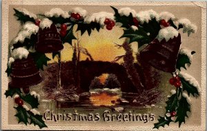 1910 CHRISTMAS GREETINGS HOLLY BELLS SNOW LAKE HEAVILY EMBOSSED POSTCARD 25-35