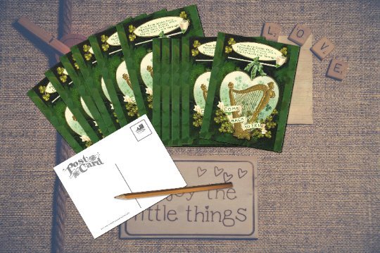 Saint Patrick's Day Cards Come Back To Erin Gold Harp and Shamrocks Vintage look