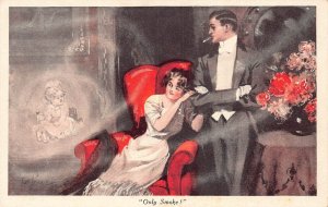 Art by Tom Peddle love Romance Couple Only Smoke Cigar Girl postcard B916