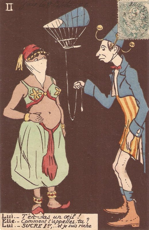 The Clown and the Oriental Dancer Humorous antique French postcard