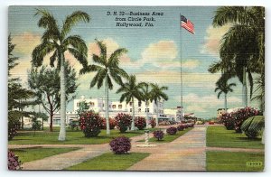 1941 HOLLYWOOD FLORIDA FL CIRCLE PARK BUSINESS AREA US FLAG LINEN POSTCARD P2676