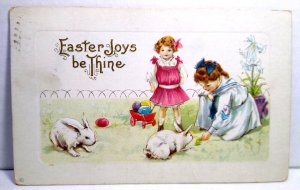 Easter Postcard White Bunny Rabbits Painted Eggs Children Embossed Stecher 1915