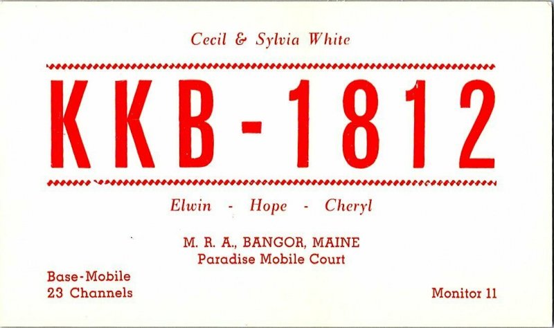 QSL Radio Card From Bangor Maine KKB-1812 