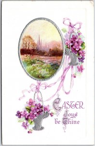 Easter Greetings Joys Be Thine Purple Flowers Countryside Garden Postcard