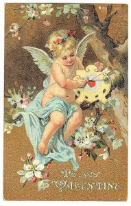 To My Valentine Cupid Postcard Heart Arrow Early 1900s Repro