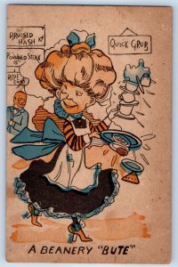 1909 A Beanery Bute Waitress Spilling Coffee Eggs Dunnell Minnesota MN Postcard