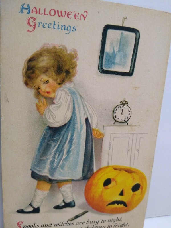 Vintage Halloween Postcard Ellen Clapsaddle Wolf Series 31 Child w/ JOL Unused