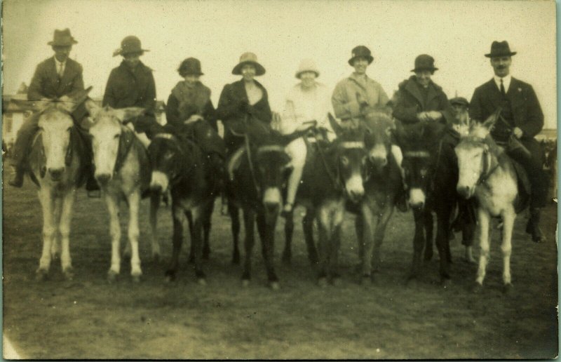 RPPC Women Men Riding Donkeys Cloche Hats Real Photo Postcard