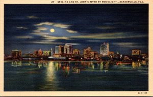 Florida Jacksonville Skyline and St John's River By Moonlight Curteich