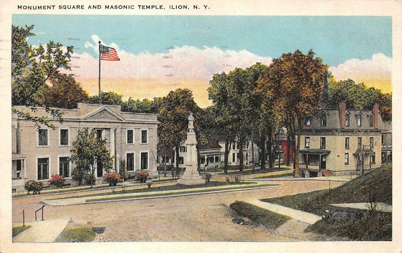 ILION New York NY MONUMENT SQUARECivil War StatueMASONIC TEMPLE 1926 Postcard United States