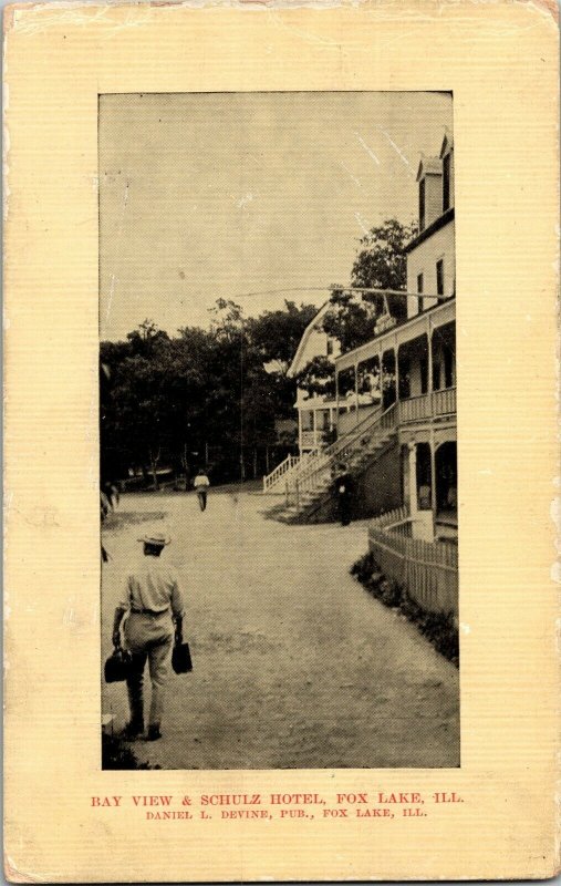 Bay View and Schulz Hotel, Fox Lake IL c1908 Vintage Postcard H45