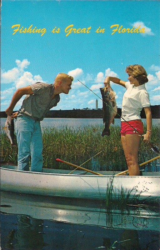 Florida FL, Beautiful Woman w Fish, Sexy Girl, Shorts, Fishing 1960s, Canoe Boat