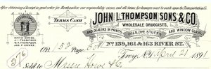 1891 TROY NY JOHN L THOMPSON SONS & CO WHOLESALE DRUGGIST INVOICE BILLHEAD Z4240