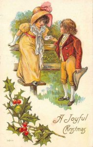 Holiday Greetings   A JOYFUL CHRISTMAS  Colonial Couple  1909 Embossed Postcard