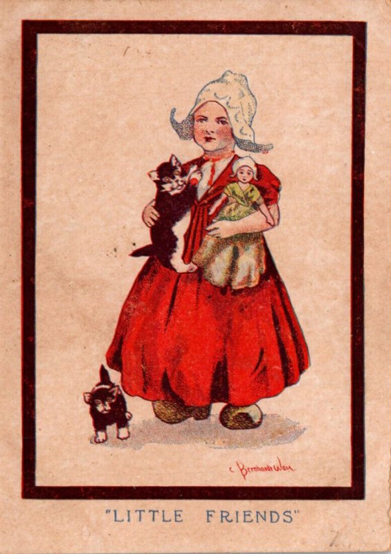 Dutch Girl With Doll Kitten and Puppy Little Friends Signed Bernahardt Way