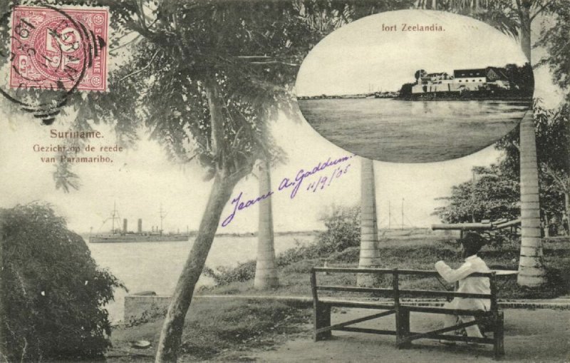 suriname PARAMARIBO Roadstead View with Steamer Fort Zeelandia 1905 Stamp
