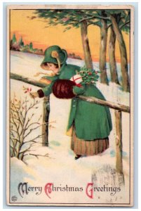 1920 Christmas Greetings Woman Handwarmer Picking Flowers Newport RI Postcard 