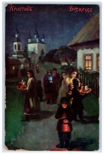 1912 Night Scene People Holding Foods and Candle Posted Antique Postcard