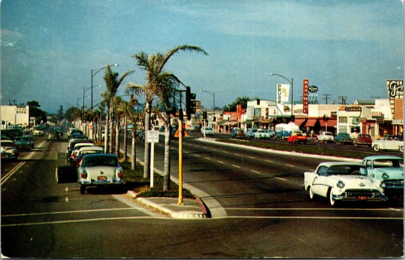 Postcard Newport Boulevard Downtown Shopping District in Costa Mesa, California