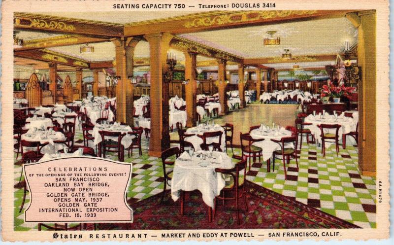 SAN FRANCISCO, CA California    STATES  RESTAURANT     c1940s   Linen   Postcard