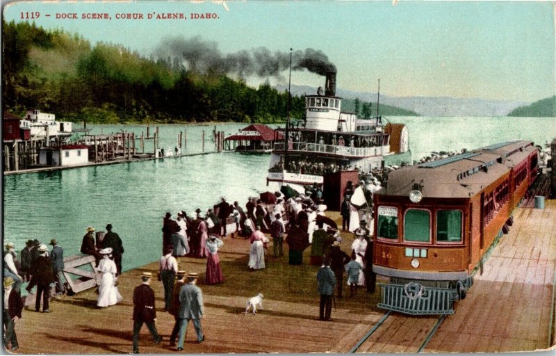 Dock Scene, Coeur d'Alene ID Steamer Ship Streetcar Vintage Postcard B76