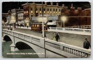 Janesville Wisconsin~Milwaukee Street Bridge @ Night~Trolley-Folk Crossing~1916 