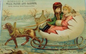 1880's Roehrig & Jacoby Wall Paper Carpets Dog Pulling Egg-Sleigh Girls &L