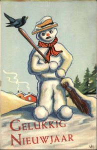 Gelukkig Nieuwjaar Netherlands New Year Fantasy Snowman Vintage Postcard