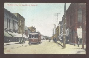 STERLING ILLINOIS DOWNTOWN THIRD STREET SCENE TROLLEY CAR 1907 VINTAGE POSTCARD