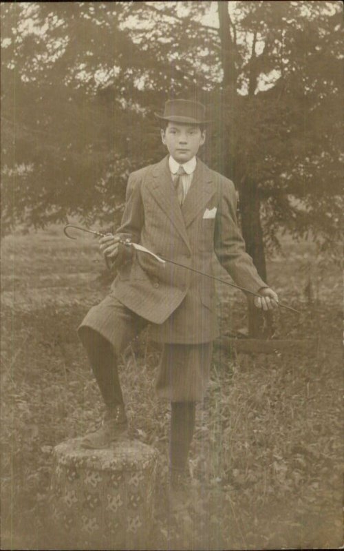 Fashion Boy in Suit Hat Shoes Cane or Riding Crop? Amateur RPPC c1910