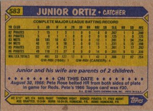 1987 Topps Baseball Card Junior Ortiz Catcher Pittsburgh Pirates sun0734