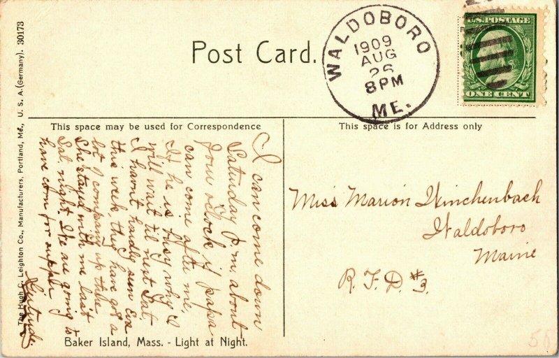 Lighthouse Light at Night, Baker Island MA c1909 Vintage Postcard D60