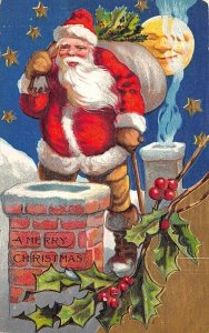 Christmas Santa Claus Chimney Moon Toy Bag 1908 Embossed Postcard